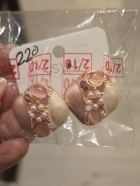 Rose Gold Pearl & Pink Crystal Square Clip-On Earrings